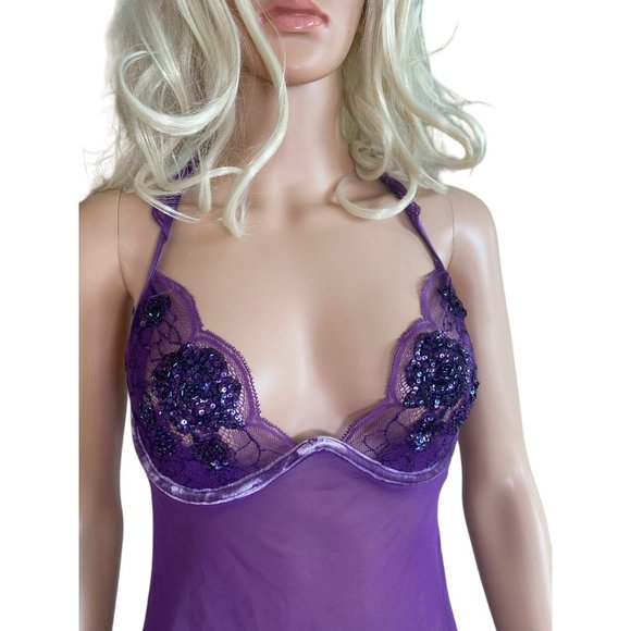 Victoria’s Secret Very Sexy Lingerie Sheer Purple Lace Jewel T Back Dress 36C - Picture 5 of 13